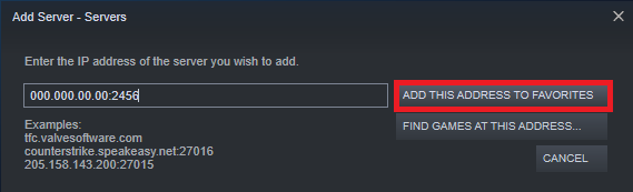 Ingresando la información de su servidor para agregar a favoritos en Steam