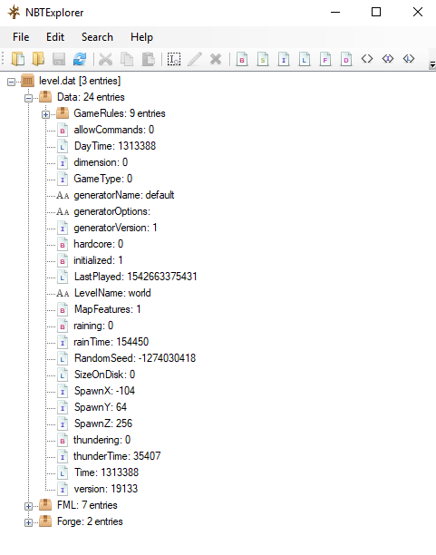 Using NBTExplorer to access the level.dat for a Minecraft world