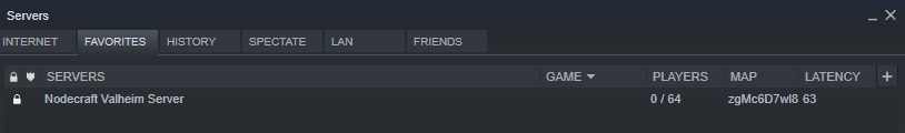Valheim server visible in Steam Favorites list, ready to join